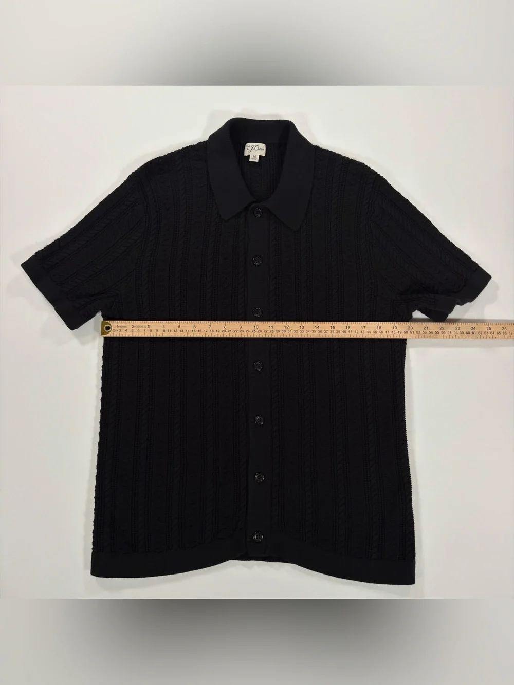 J.Crew Mens Medium Cable Knit Polo Shirt Short Sleeve Button Down Cardigan Black